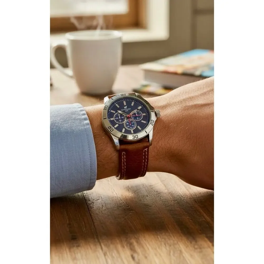 Caribbean Joe CJ7119SL Blue Dial Brown Strap Men’s Watch NWOT